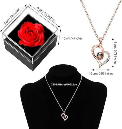 100 Languages Projection Heart Pendant Necklace with Red Rose Jewelry Storage Box, Gifts for Mom Mama Mother's Day