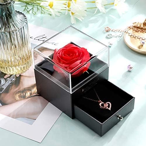 100 Languages Projection Heart Pendant Necklace with Red Rose Jewelry Storage Box, Gifts for Mom Mama Mother's Day