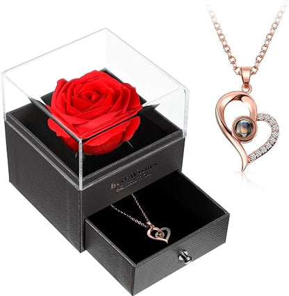 100 Languages Projection Heart Pendant Necklace with Red Rose Jewelry Storage Box, Gifts for Mom Mama Mother's Day