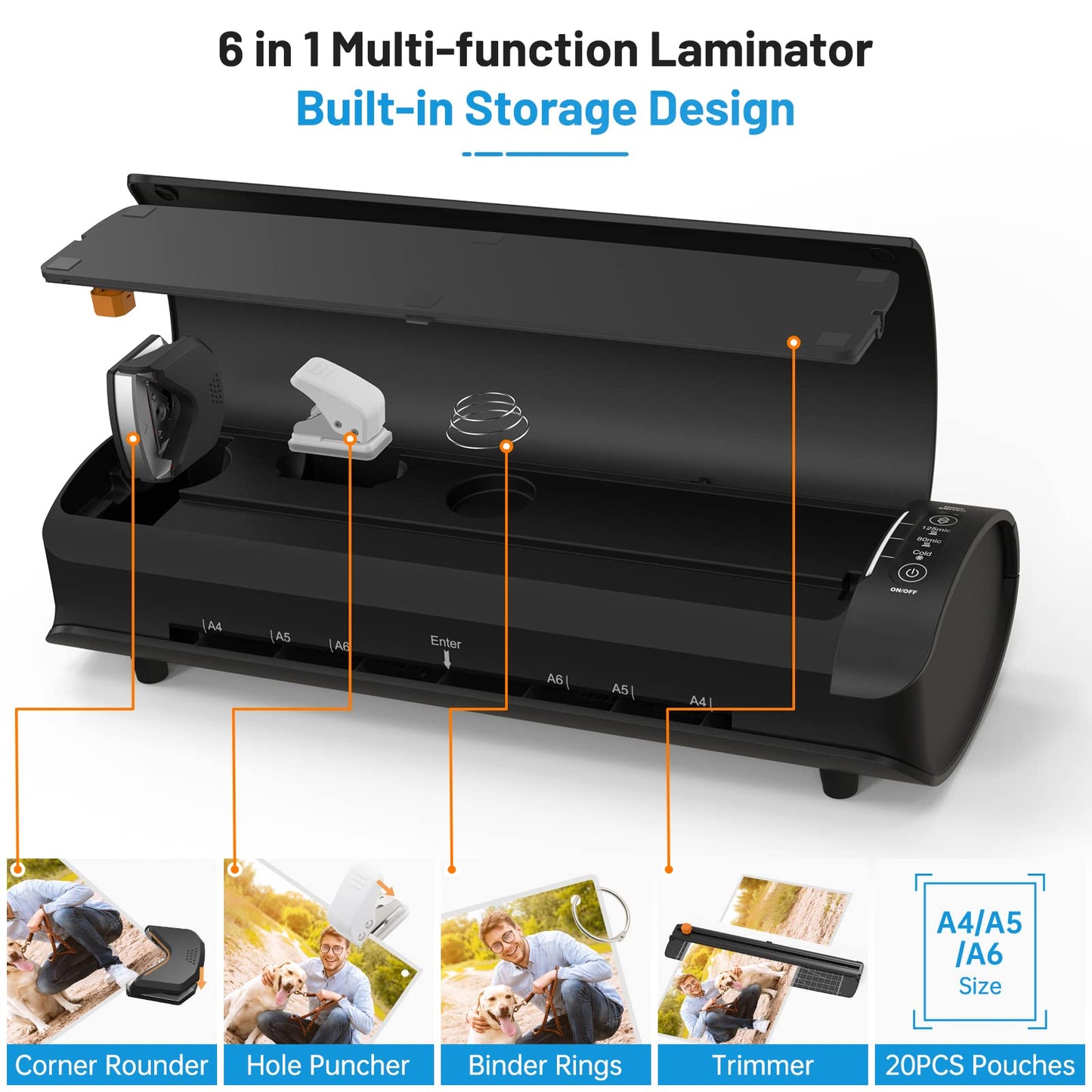 Buyonger Laminator, Laminator Machine with Laminating Sheets & 60s Warm Up, 6 in 1 Hot & Cold A4 Laminating Machine